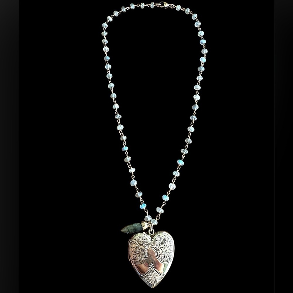 Victorian Gold Filled Heart Locket Labradorite Vintage Fusion Necklace